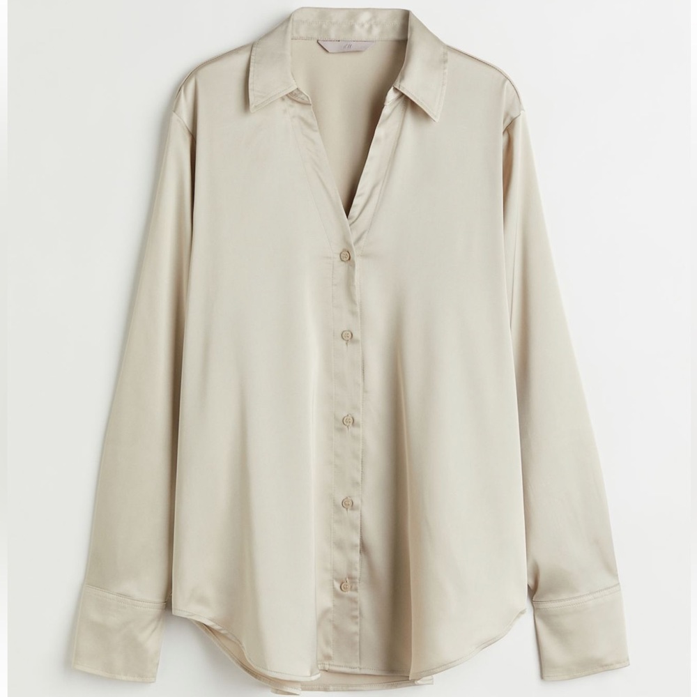 Satin/Silk like V-Neck Collared Button Up Blouse